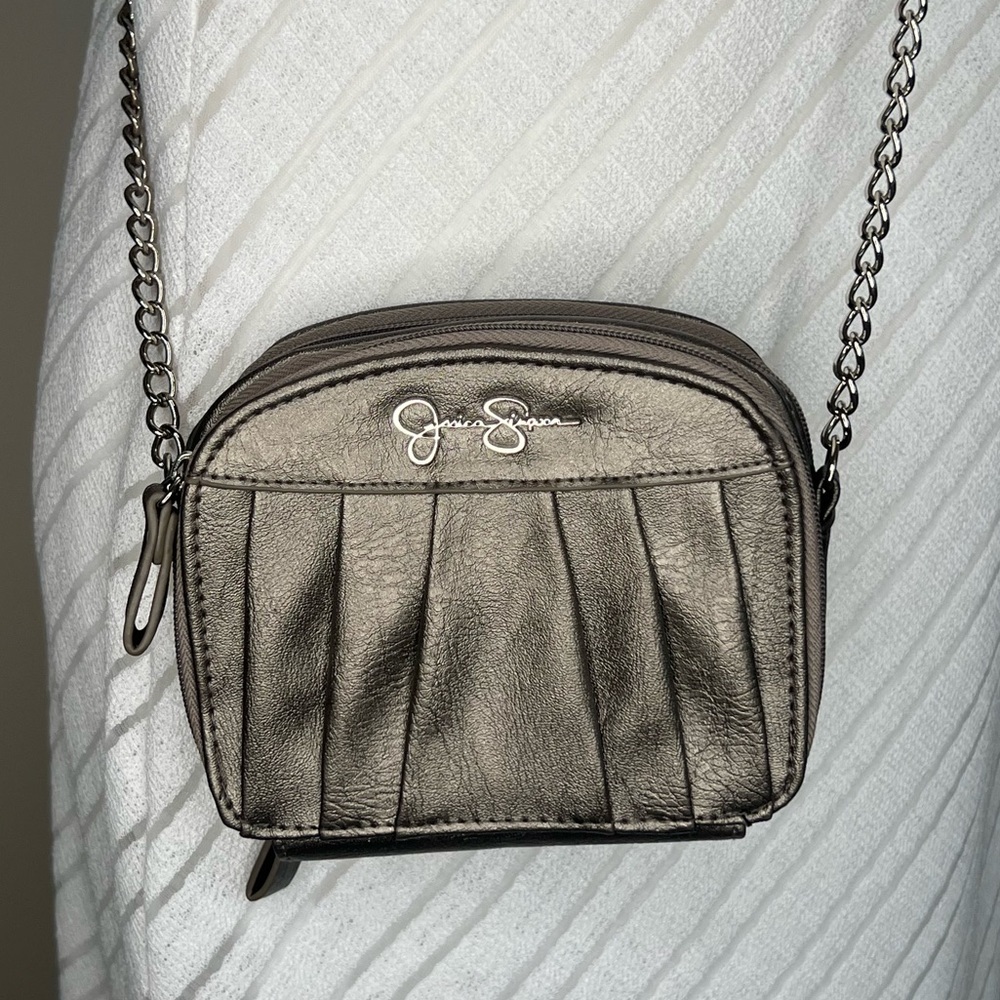 Jessica Simpson Mini Crossbody Shoulder Bag Purse Faux Leather Metallic Pewter - Picture 8 of 17